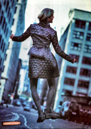 Our padded demi-saison coat with detachable bag, color dark blue. Published in Marie Claire NL ca 1994